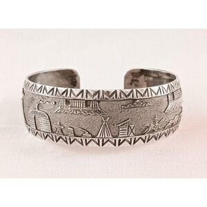 Vintage Navajo Storyteller Sterling Silver Cuff Bracelet Signed Horses Native Am